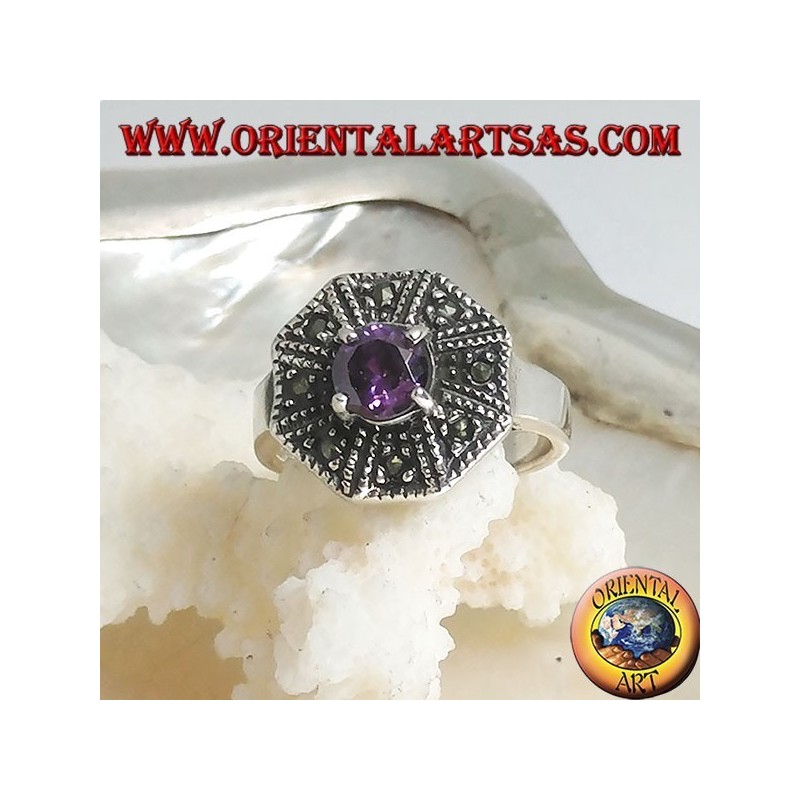 Octagonal silver ring with round amethyst and marcasite colored zircon