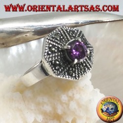 Achteckiger Silberring mit rundem Amethyst und marcasitfarbenem Zirkon