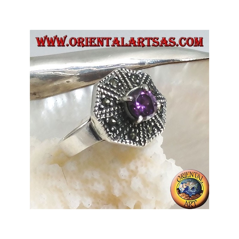 Bague octogonale en argent avec améthyste ronde et zircon de couleur marcassite