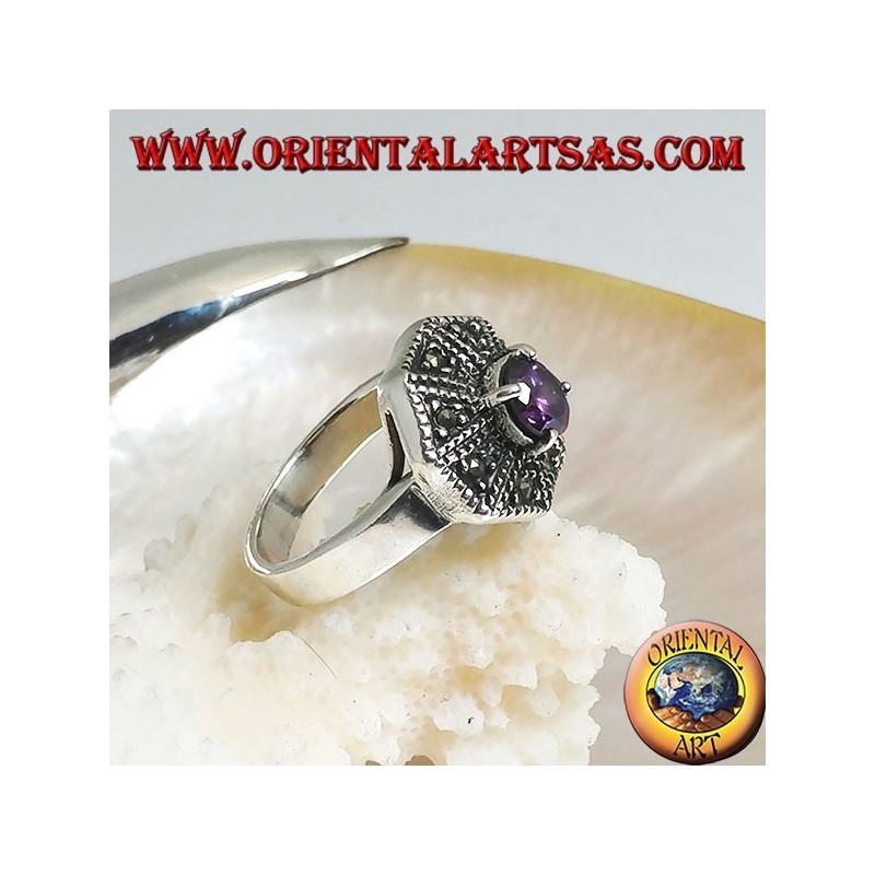 Octagonal silver ring with round amethyst and marcasite colored zircon