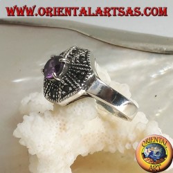 Anillo octogonal de plata con circonita redonda de color amatista y marcasita