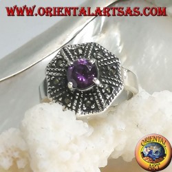 Octagonal silver ring with round amethyst and marcasite colored zircon