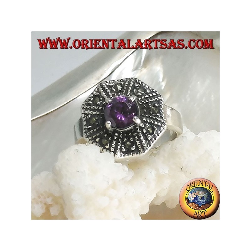 Octagonal silver ring with round amethyst and marcasite colored zircon