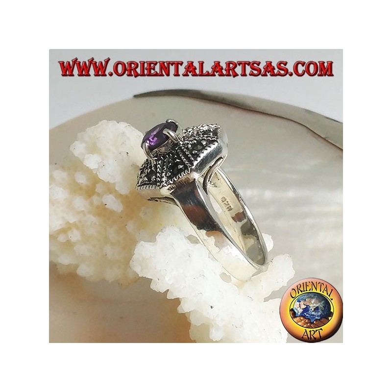 Octagonal silver ring with round amethyst and marcasite colored zircon