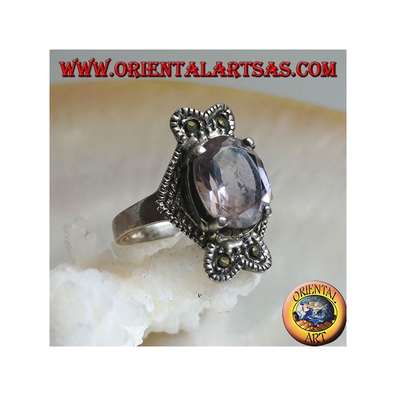 Ethnic decoration silver ring with natural oval cabochon, onyx and marcasite amethyst