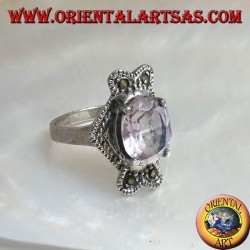Ethnic decoration silver ring with natural oval cabochon, onyx and marcasite amethyst