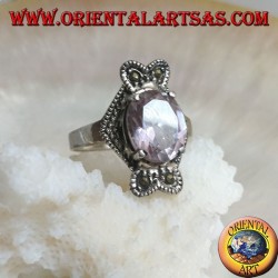 Ethnic decoration silver ring with natural oval cabochon, onyx and marcasite amethyst