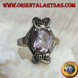 Ethnic decoration silver ring with natural oval cabochon, onyx and marcasite amethyst