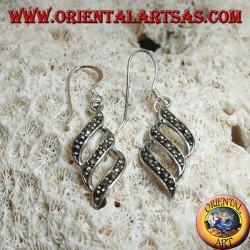 Dangling silver earrings with triple parallel oblique lines studded with marcasite