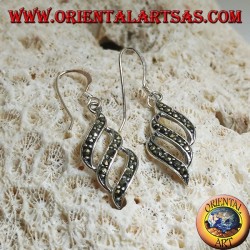 Dangling silver earrings with triple parallel oblique lines studded with marcasite