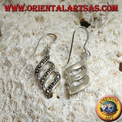 Pendientes colgantes de plata con líneas oblicuas triples paralelas tachonadas con marcasita