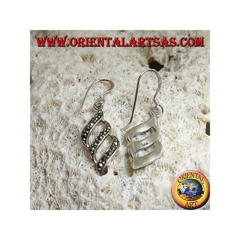 Dangling silver earrings with triple parallel oblique lines studded with marcasite