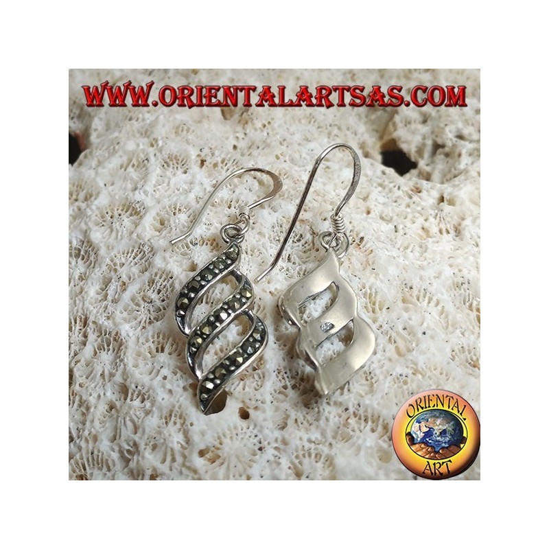 Dangling silver earrings with triple parallel oblique lines studded with marcasite