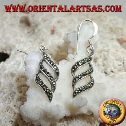 Dangling silver earrings with triple parallel oblique lines studded with marcasite