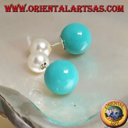 Turquoise double pearl lobe silver earrings (Dior style)