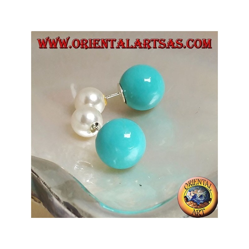 Turquoise double pearl lobe silver earrings (Dior style)