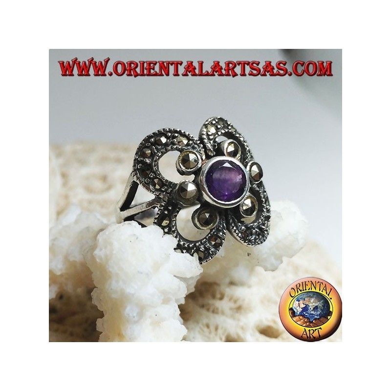 Silver ring with round natural amethyst surrounded by marcasites on a circle setting
