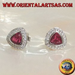 Silver lobe earrings with rounded triangular garnet surrounded by zircons