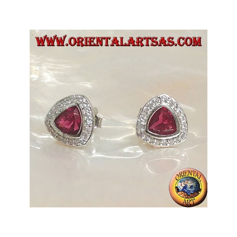 Silver lobe earrings with rounded triangular garnet surrounded by zircons