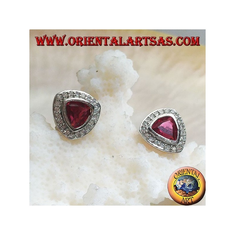 Silver lobe earrings with rounded triangular garnet surrounded by zircons