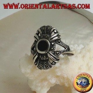 Silver ring with round onyx on an imperial style setting studded with marcasite