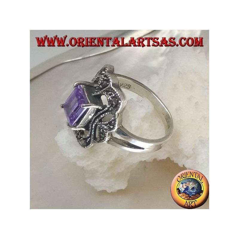 Anello Zircone Ametista Rettangolare Marcasiti Argento 925 | Oriental Art