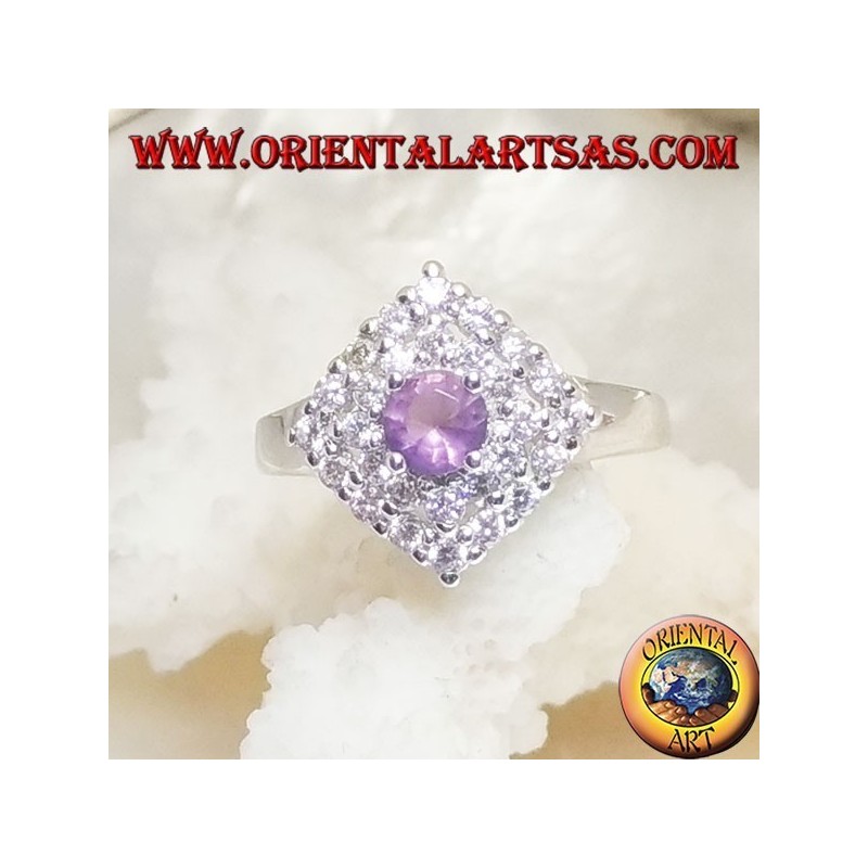 925 Argento Silver ring with natural round amethyst on a rhombus square studded with zircons