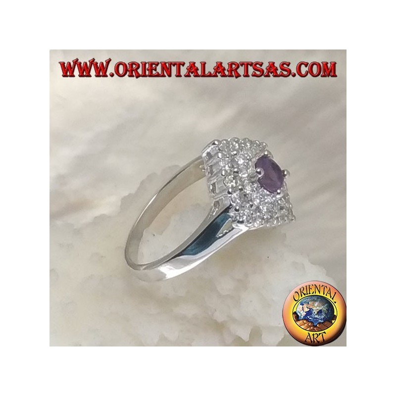 Bague en Argent Argento 925 avec améthyste ronde naturelle sur un carré de losange parsemé de zircons