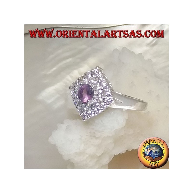 925 Argento Silver ring with natural round amethyst on a rhombus square studded with zircons