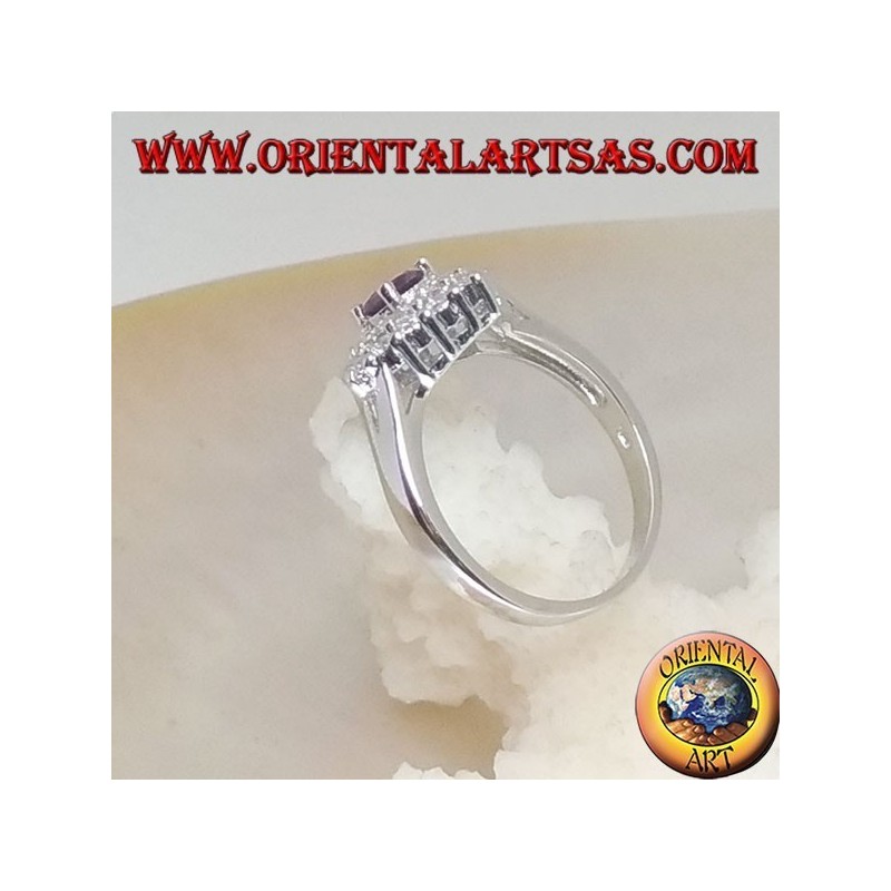 Bague en Argent Argento 925 avec améthyste ronde naturelle sur un carré de losange parsemé de zircons