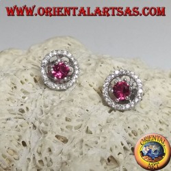 Orecchini in argento con rubino di sintesi incastonato e disco in zirconi removibile (doppio uso)