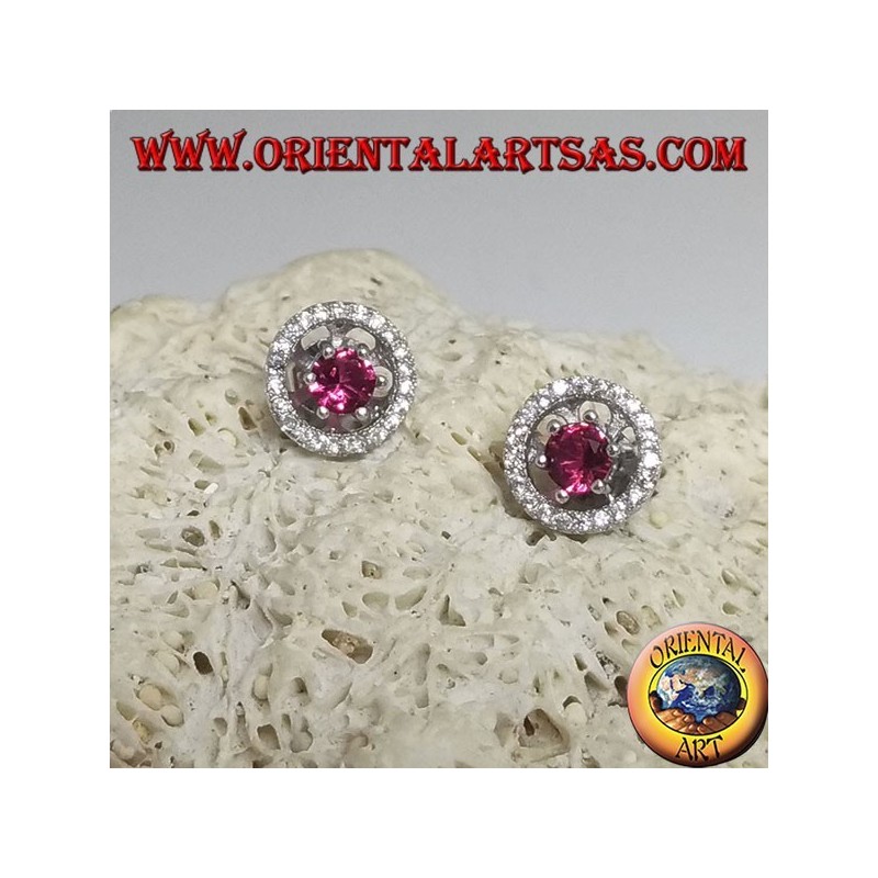 Silver earrings with embedded synthetic ruby and removable zircon disc (double use)