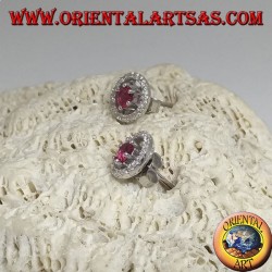 Silver earrings with embedded synthetic ruby and removable zircon disc (double use)