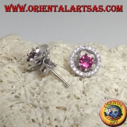 Silver earrings with embedded synthetic ruby and removable zircon disc (double use)