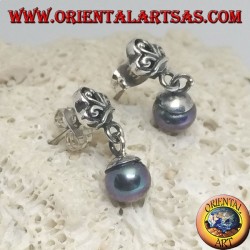 Boucles d'oreilles lobe en argent avec couronne et pendentif gris perle d'eau douce