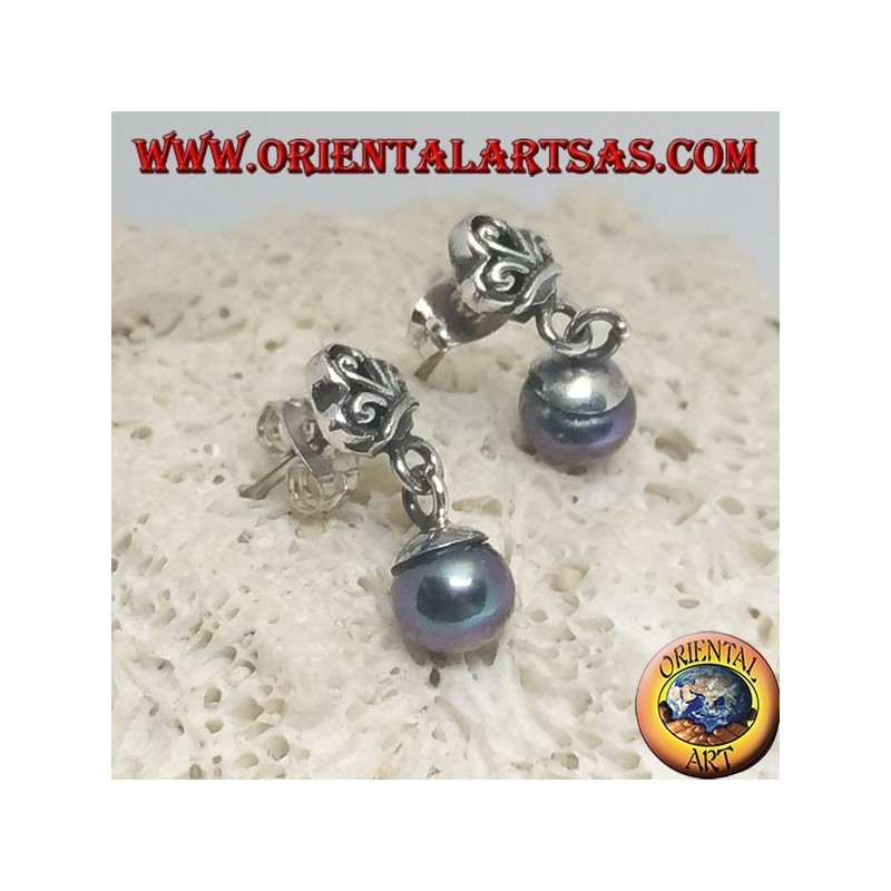 Boucles d'oreilles lobe en argent avec couronne et pendentif gris perle d'eau douce