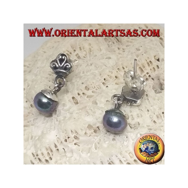 Boucles d'oreilles lobe en argent avec couronne et pendentif gris perle d'eau douce