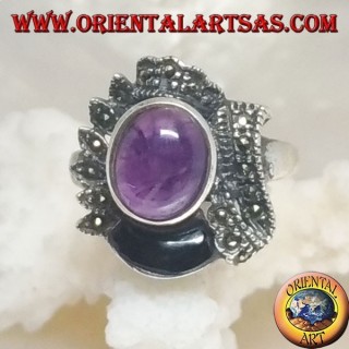 Silberring mit ethnischer Dekoration und natürlichem ovalem Cabochon, Onyx und Markasit-Amethyst