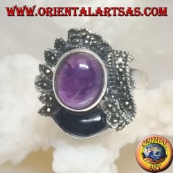 Ethnic decoration silver ring with natural oval cabochon, onyx and marcasite amethyst