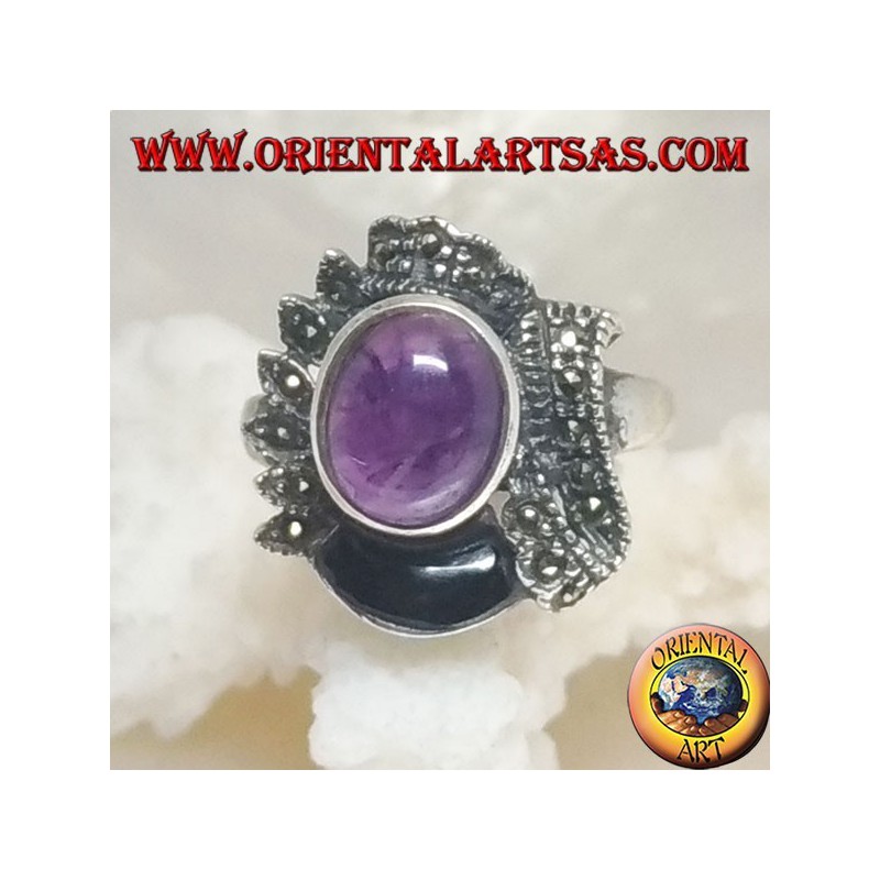 Ethnic decoration silver ring with natural oval cabochon, onyx and marcasite amethyst