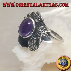 Bague en argent à décoration ethnique avec cabochon ovale naturel, onyx et améthyste marcassite