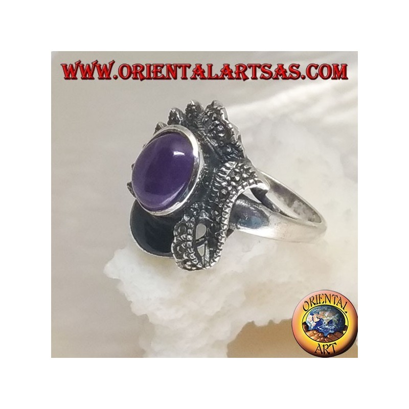 Silberring mit ethnischer Dekoration und natürlichem ovalem Cabochon, Onyx und Markasit-Amethyst