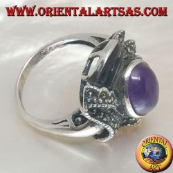 Bague en argent à décoration ethnique avec cabochon ovale naturel, onyx et améthyste marcassite