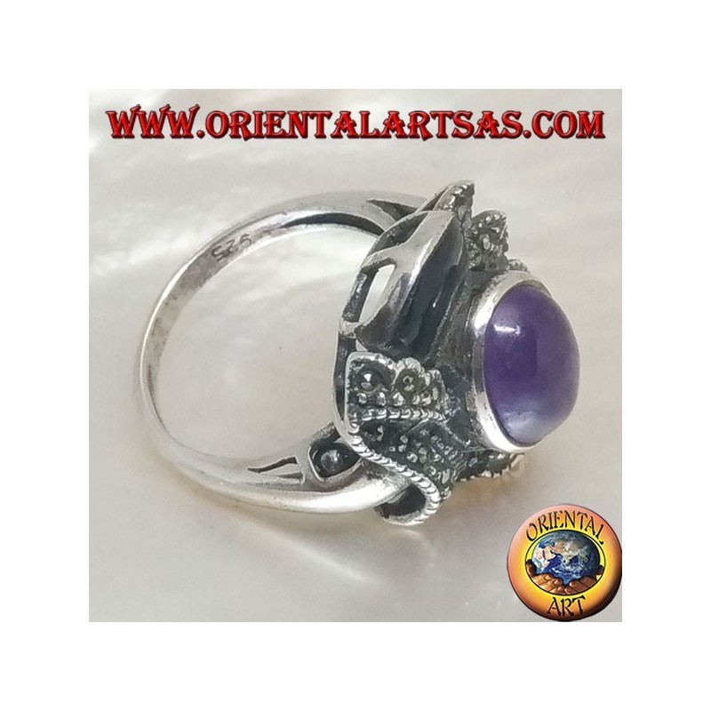 Bague en argent à décoration ethnique avec cabochon ovale naturel, onyx et améthyste marcassite