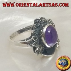 Anillo de plata de decoración étnica con cabujón oval natural, ónix y amatista de marcasita.