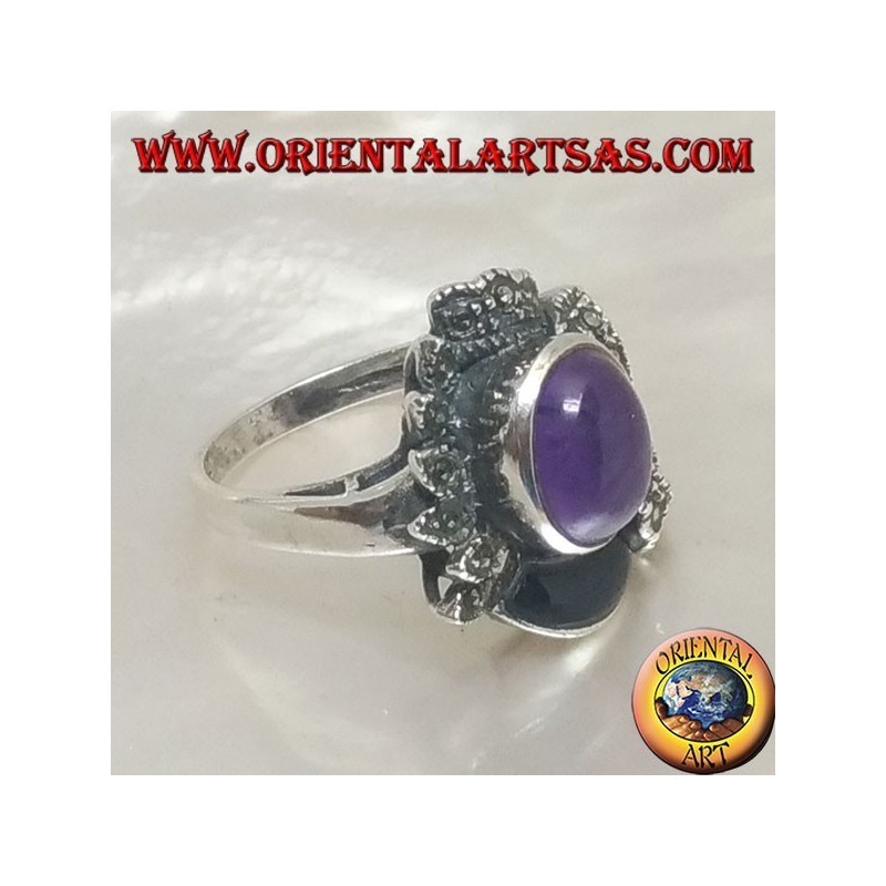 Bague en argent à décoration ethnique avec cabochon ovale naturel, onyx et améthyste marcassite