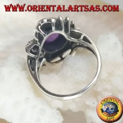 Ethnic decoration silver ring with natural oval cabochon, onyx and marcasite amethyst