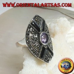 Shuttle silver ring studded with marcasite with onyx cross and central natural oval amethyst