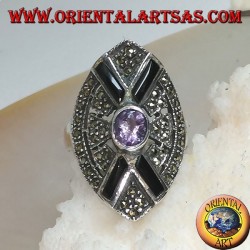 Shuttle silver ring studded with marcasite with onyx cross and central natural oval amethyst