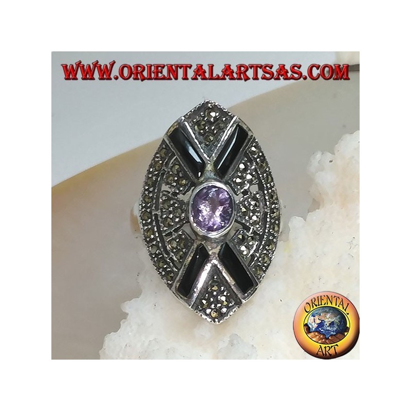 Shuttle anillo de plata tachonado de marcasita con cruz de ónice y amatista ovalada natural central
